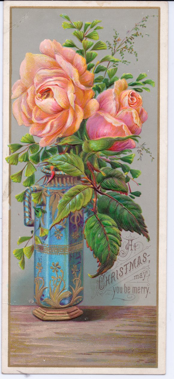 Biglietto di Natale vittoriano con rose in un vaso blu, 1880 circa (litografia a colori) da English School