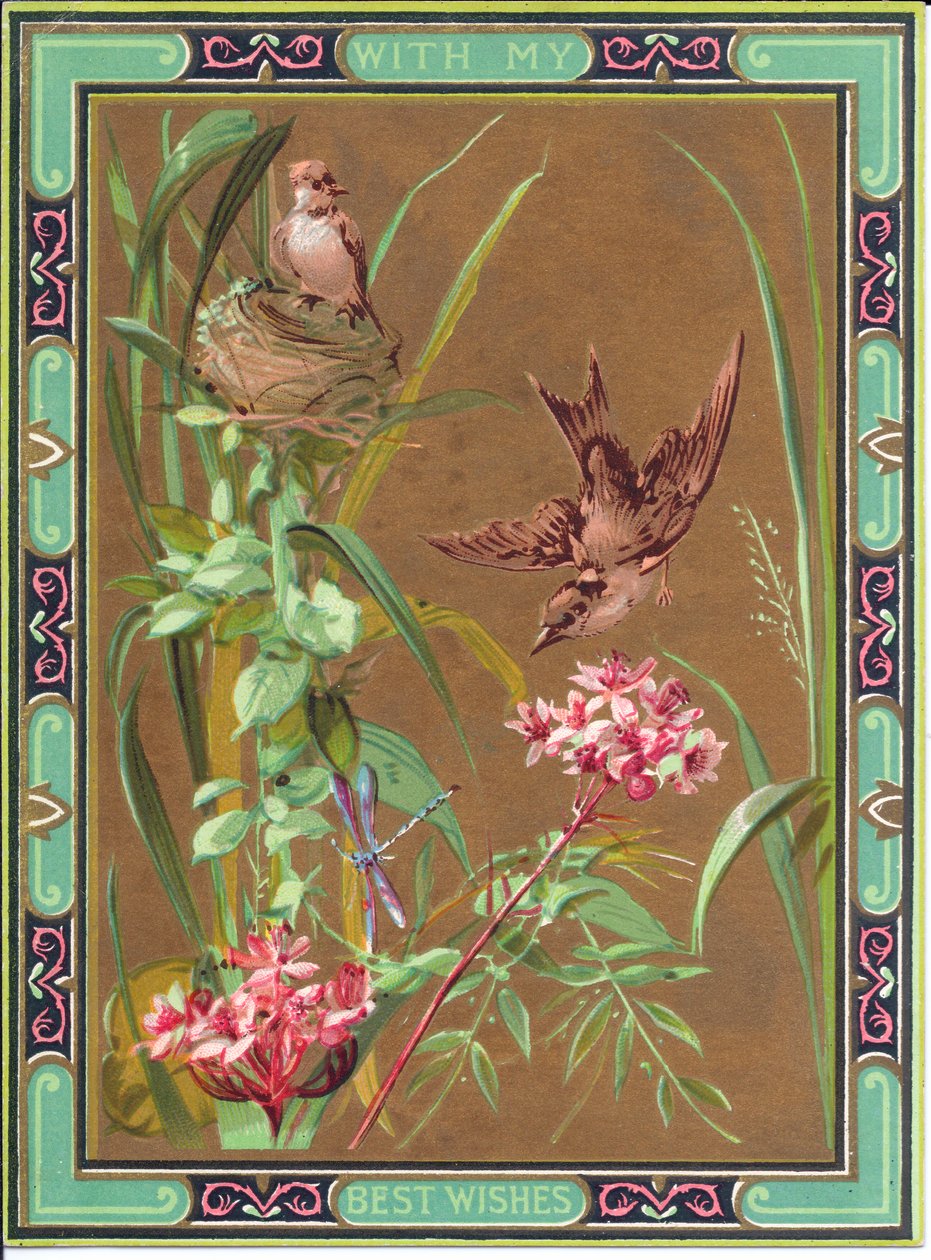 Cartolina di auguri vittoriana con un uccello che insegue una libellula e un uccello sul nido, circa 1880 da English School
