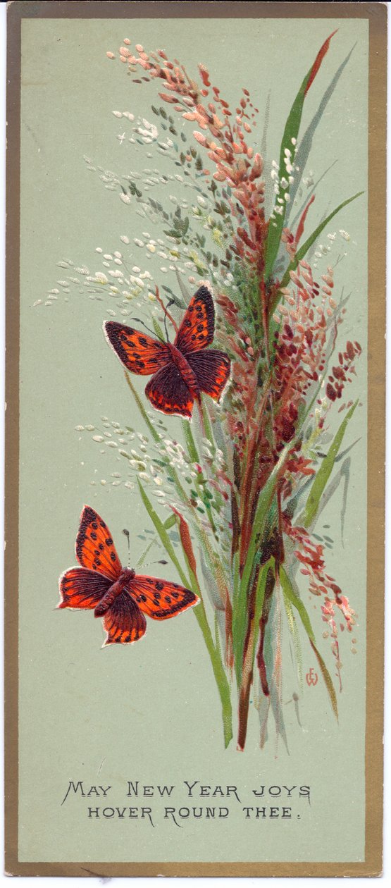 Cartolina di Capodanno vittoriana con due farfalle tra erbe alte, c.1880 da English School