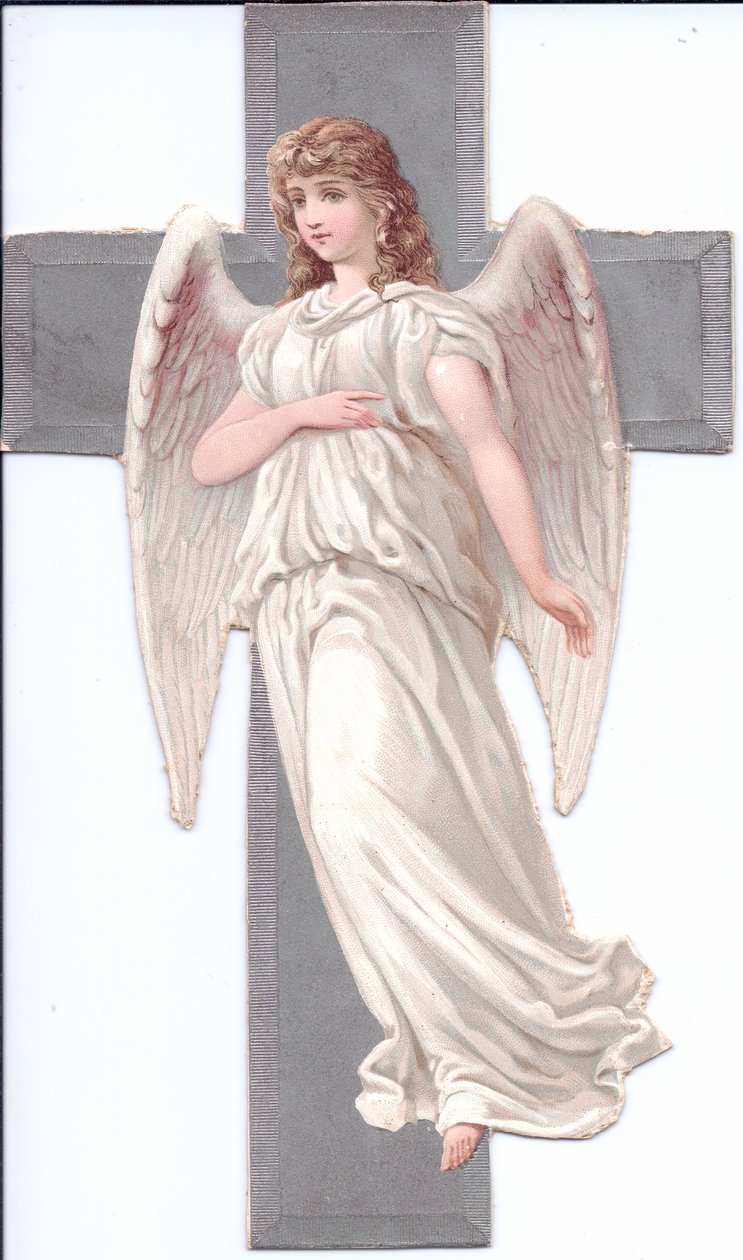Rilievo vittoriano di scarti di carta di un angelo davanti a una croce, 1880 circa (litografia a colori) da English School