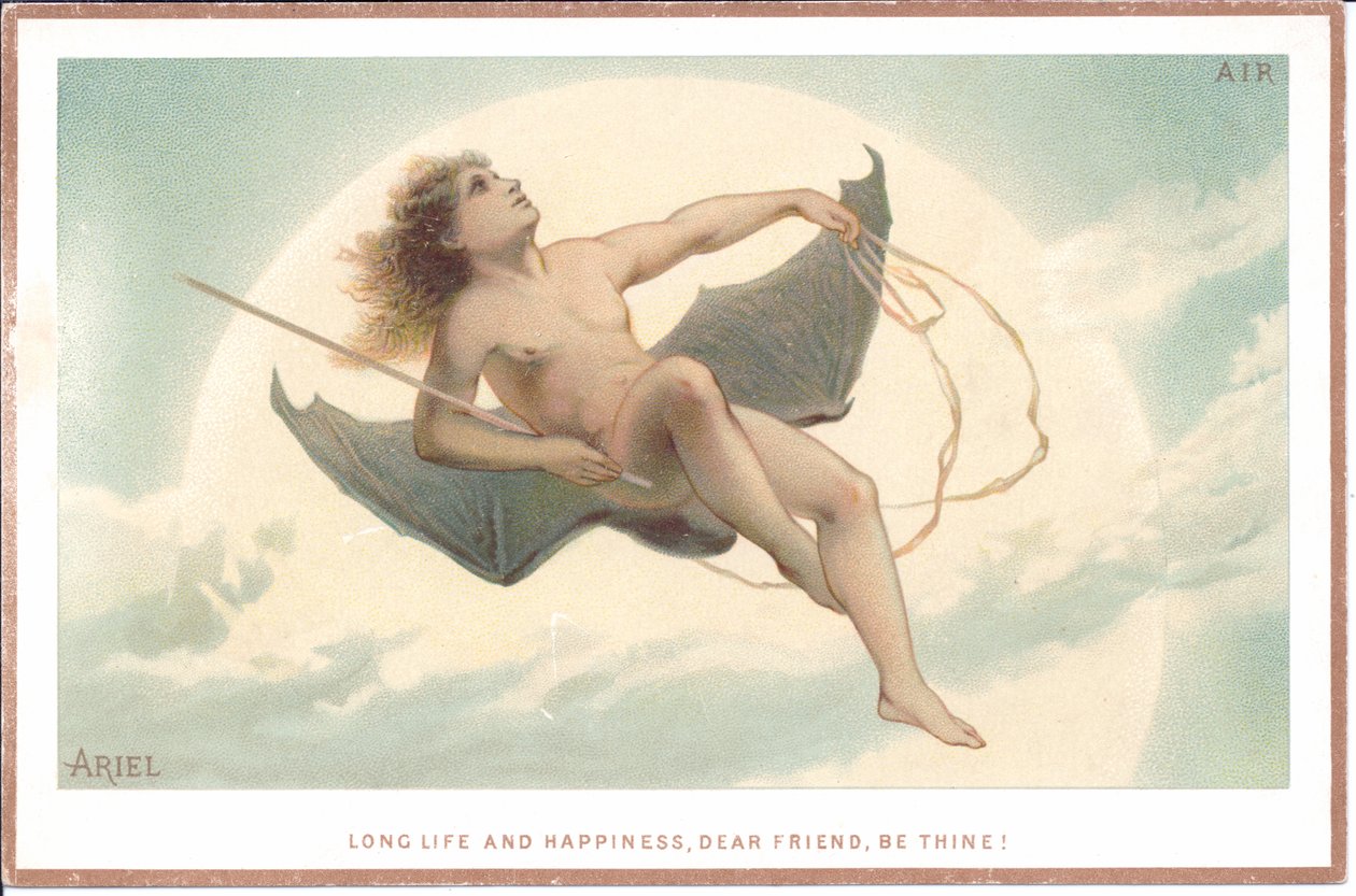Una carta vittoriana di un uomo nudo che tiene una verga e siede su un paio di enormi ali di pipistrello volando tra le nuvole, c.1880 da English School