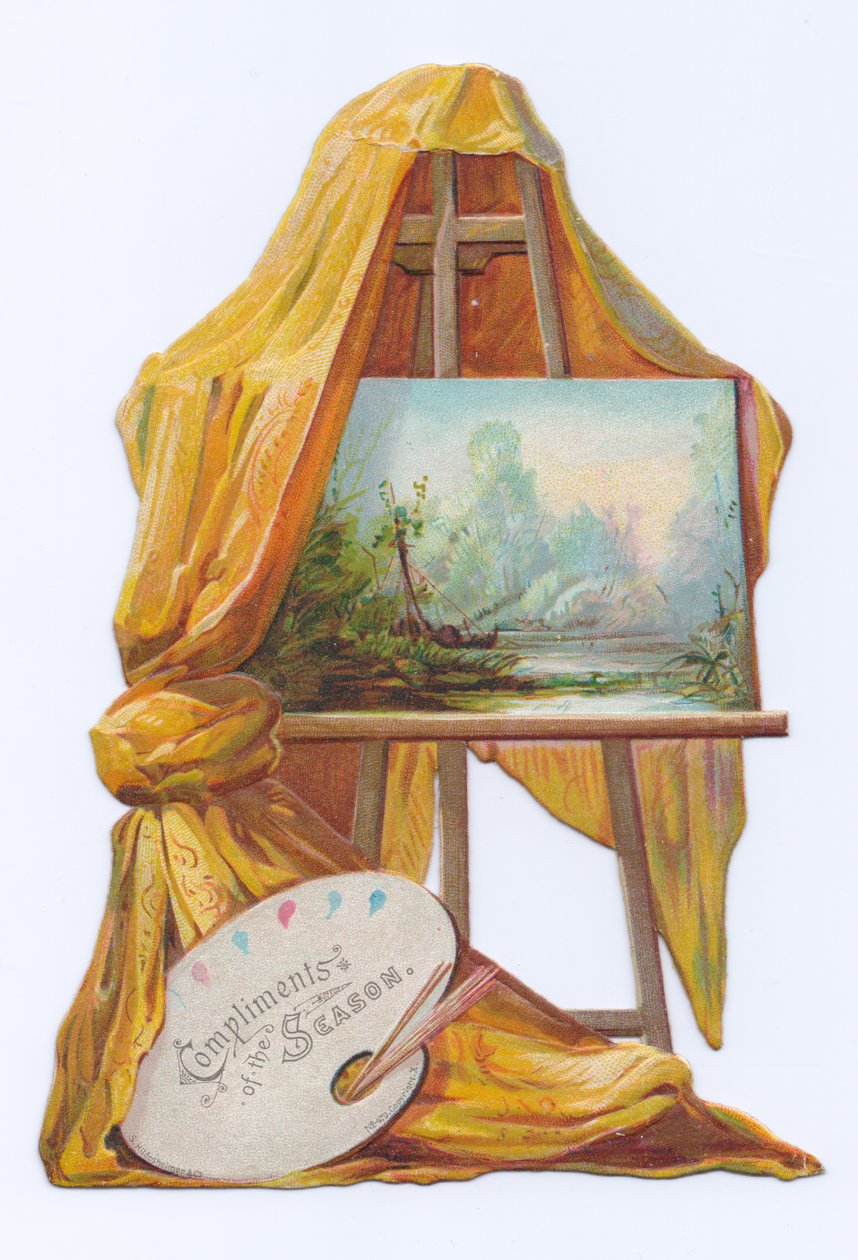 Cartolina vittoriana a forma di dipinto su un cavalletto con un drappo, c.1880 da English School