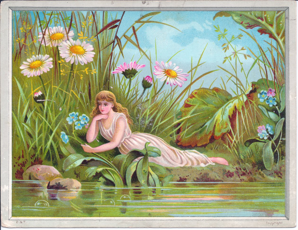 Cartolina di auguri vittoriana di una fata sdraiata vicino a un ruscello con erbe e margherite sulla riva, c.1880 da English School