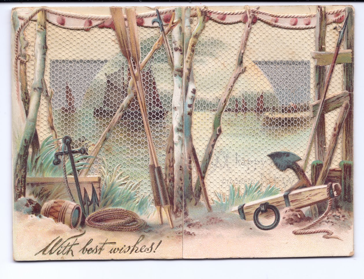 Biglietto di auguri vittoriano con navi a vela viste attraverso uno schermo di garza, c.1880 da English School