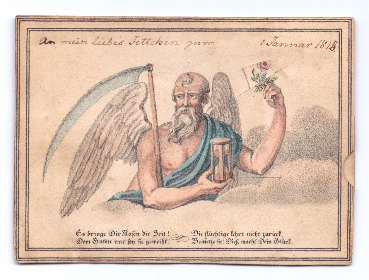 Cartolina di auguri vittoriana del mietitore con una falce e una clessidra che tiene una rosa, c. 1815 (litografia a colori) da English School
