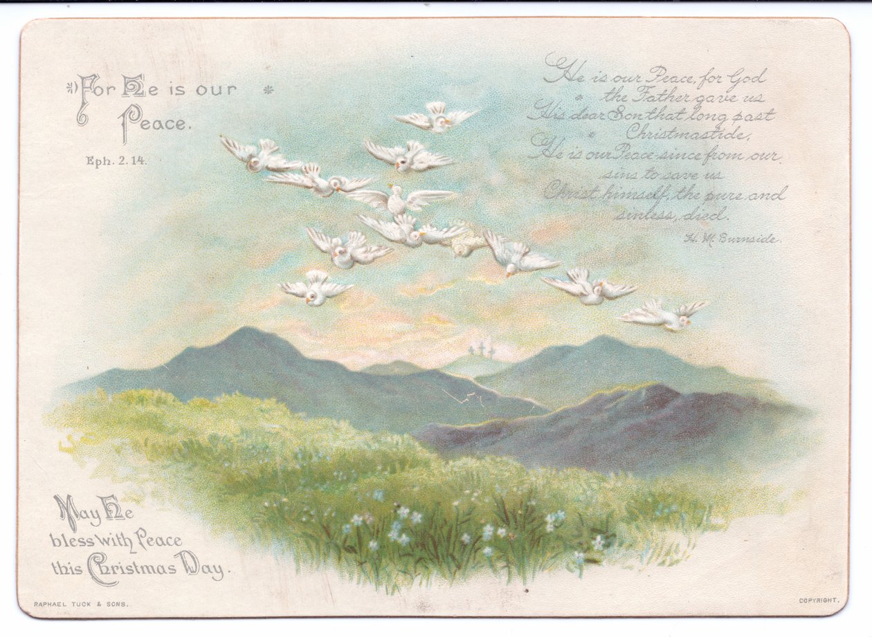 Cartolina natalizia religiosa vittoriana con colombe volanti a forma di croce, c.1880 da English School