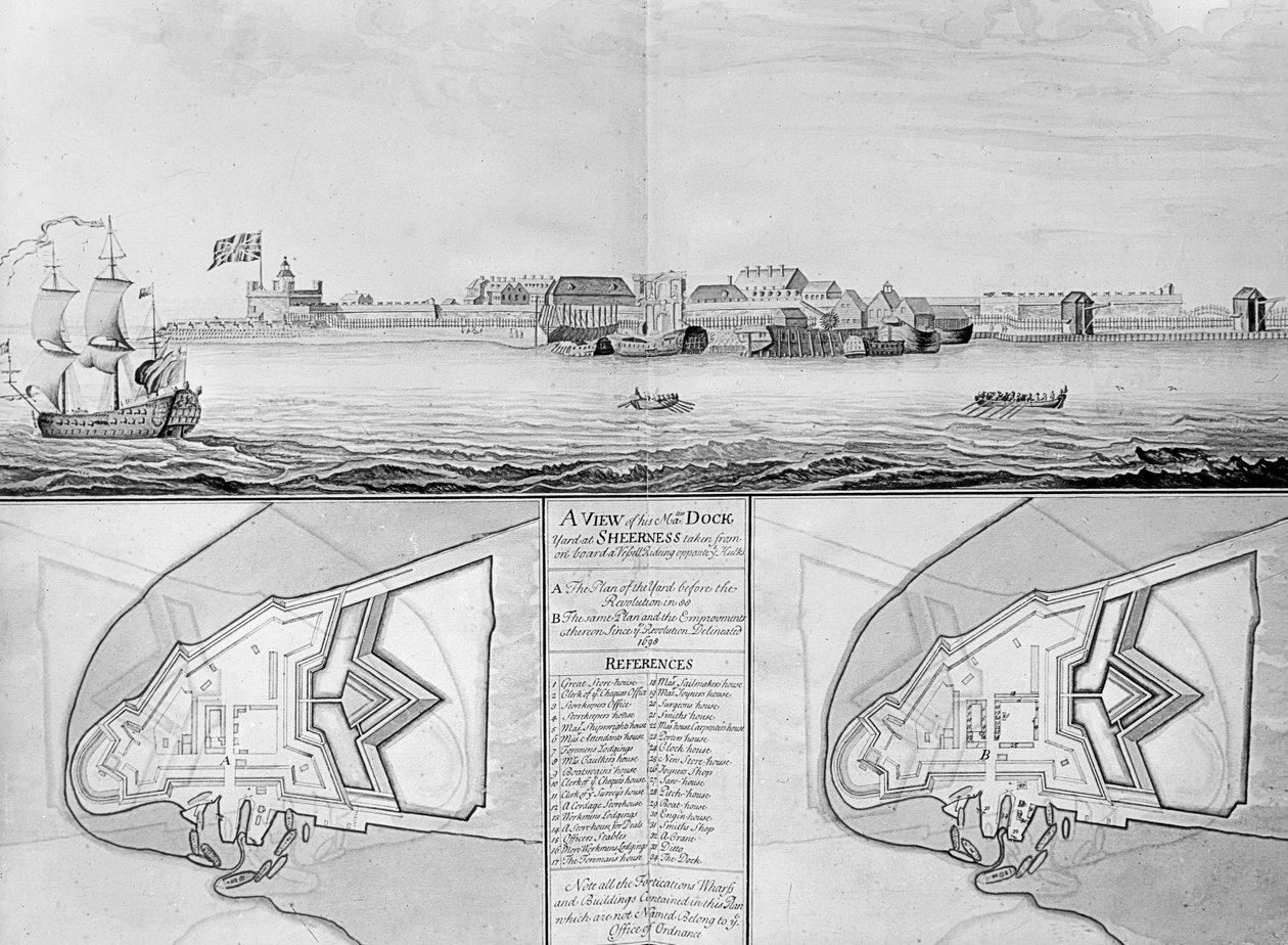Veduta del cantiere navale di Sua Maestà a Sheerness, 1698 da English School