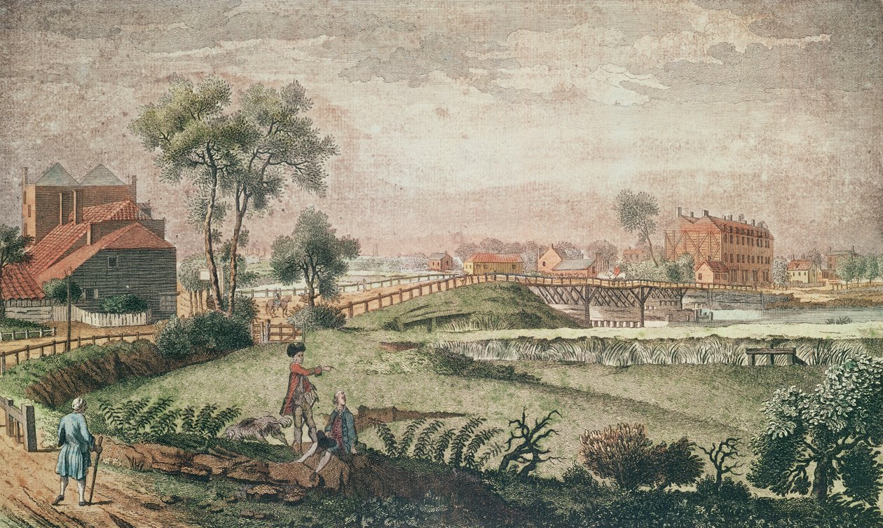 Veduta occidentale del Chelsea Bridge, 1761 da English School