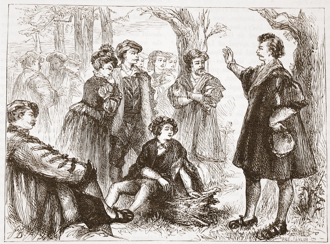 Uno studente di Wittemberg che predica nel prato di tigli, illustrazione da La storia del protestantesimo di James Aitken Wylie, pub. 1878 da English School