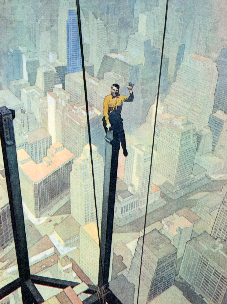 Un operaio su un trespolo vertiginoso, in alto sopra New York (litografia a colori) da English School