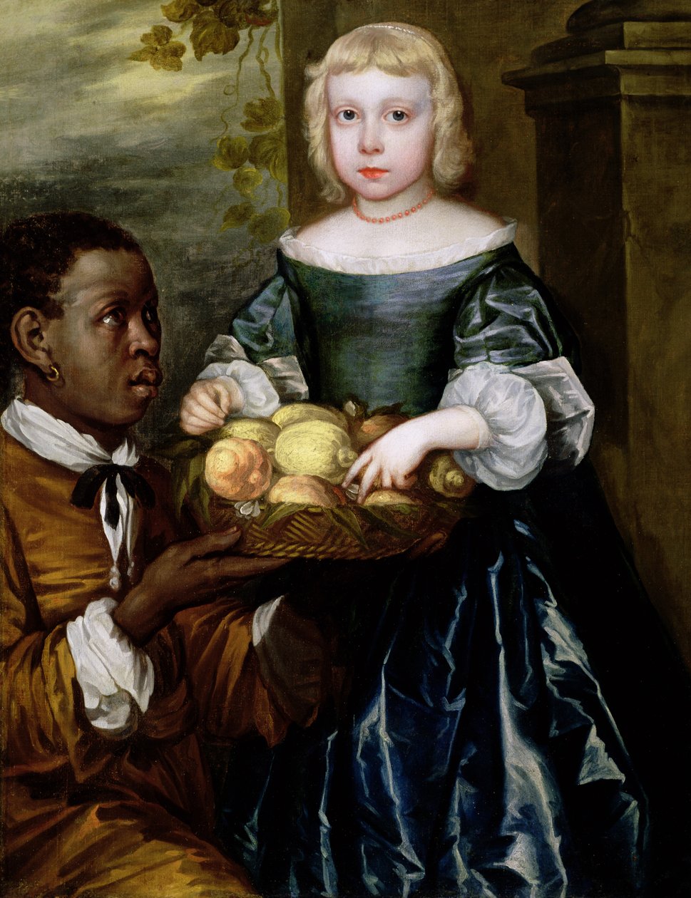 Una giovane ragazza a cui viene offerto un cesto di frutta da un servitore, c.1650 da English School