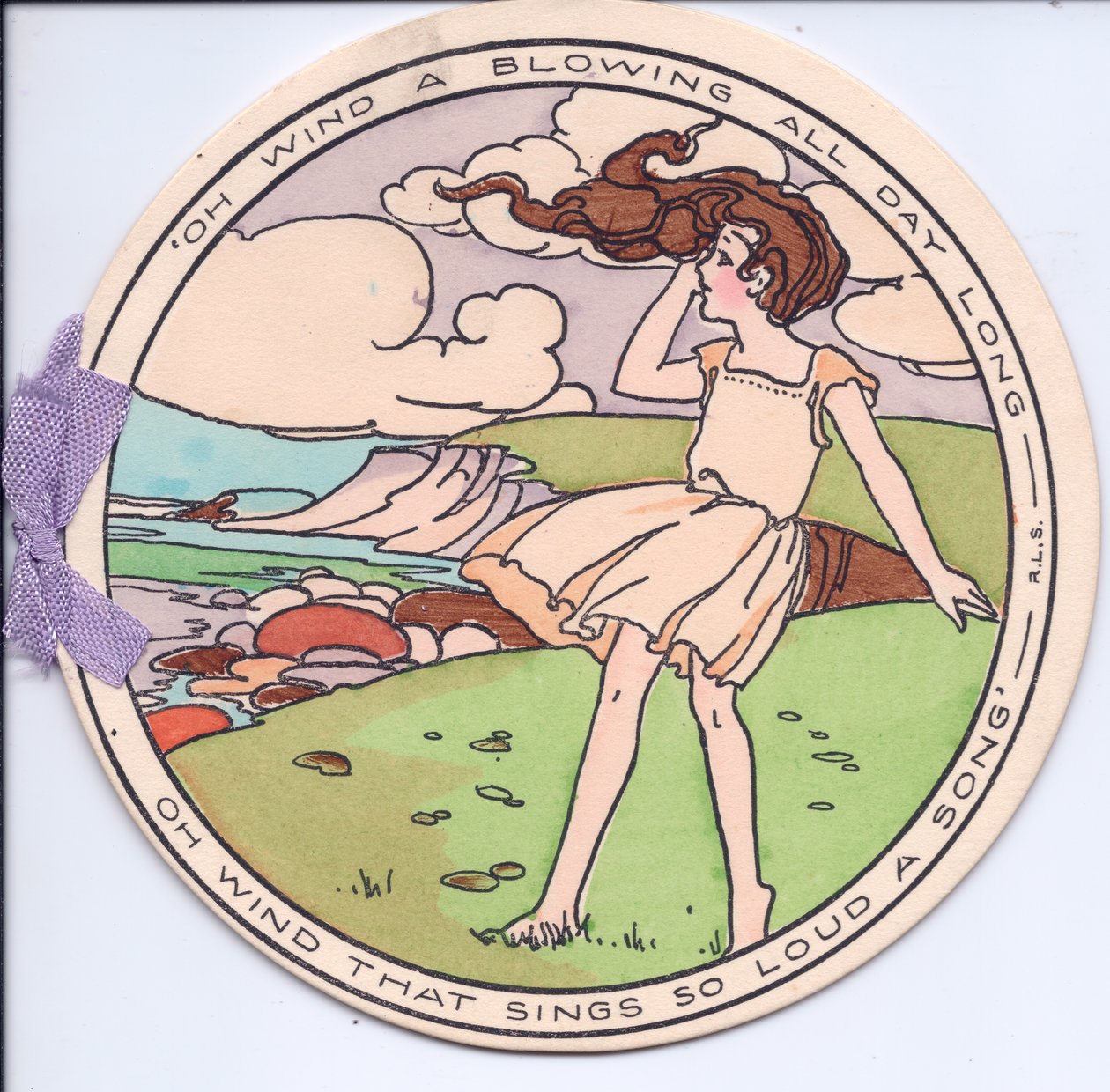Una cartolina di auguri edoardiana circolare di una ragazza nel vento su una scogliera, circa 1910 da English School