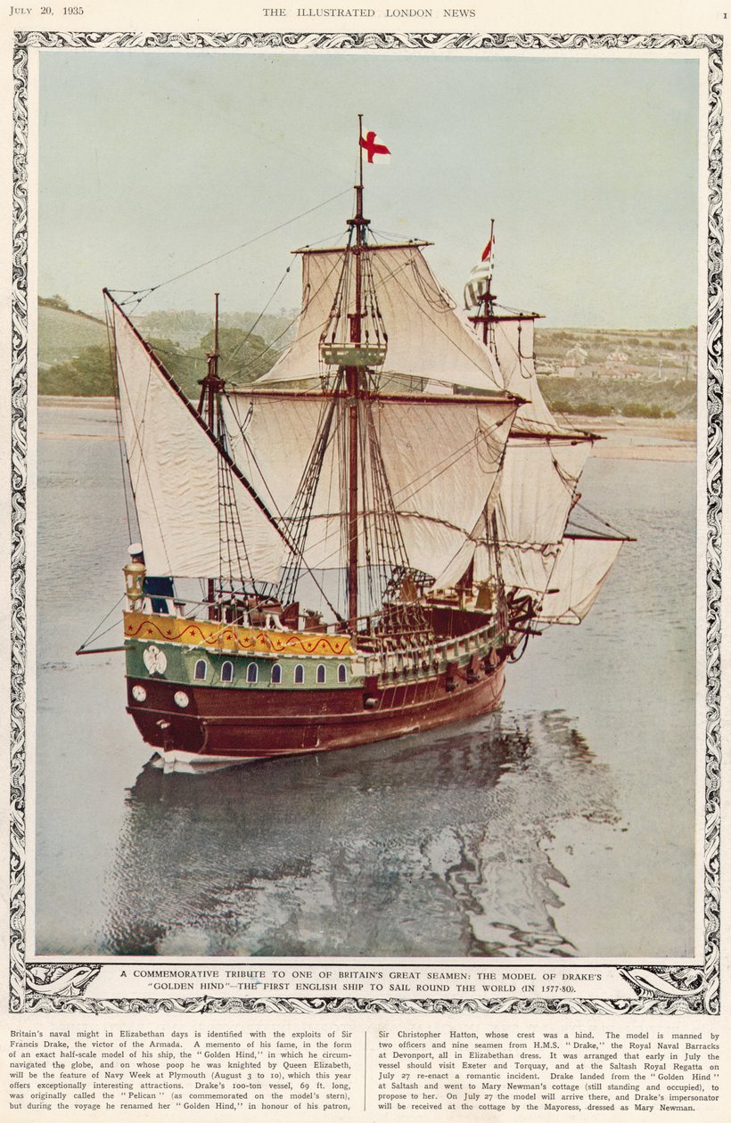 Tributo commemorativo a uno dei grandi marinai britannici: il modello della Golden Hind di Drake, la prima nave inglese a circumnavigare il mondo, dal The Illustrated London News Royal Naval and Military Review Number, 20 luglio 1935 da English School