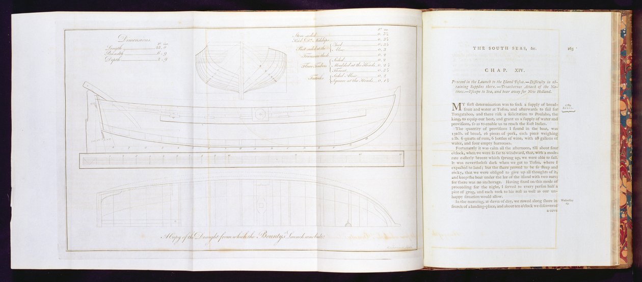 Una copia del disegno da cui fu costruito il lancio del Bounty, da A Voyage to the South Sea, di William Bligh (1754-1817), inciso da Mackenzie, pubblicato 1792 da English School