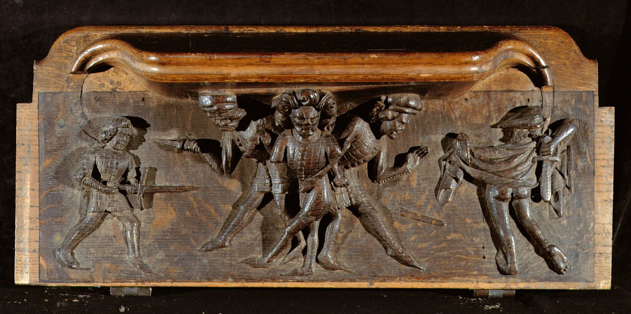 Una misericordia danneggiata raffigurante tre uomini che combattono con pugnali e spade, Cappella del New College, Oxford, fine XIV secolo da English School