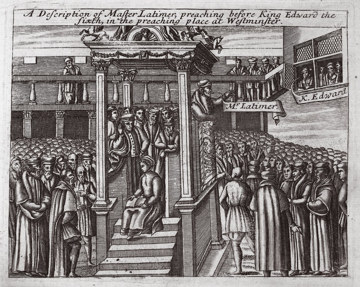 Una descrizione di Maestro Latimer che predica davanti a Re Edoardo VI nel luogo di predicazione a Westminster, illustrazione da Atti e Monumenti di John Foxe, nona edizione, pub. 1684 da English School