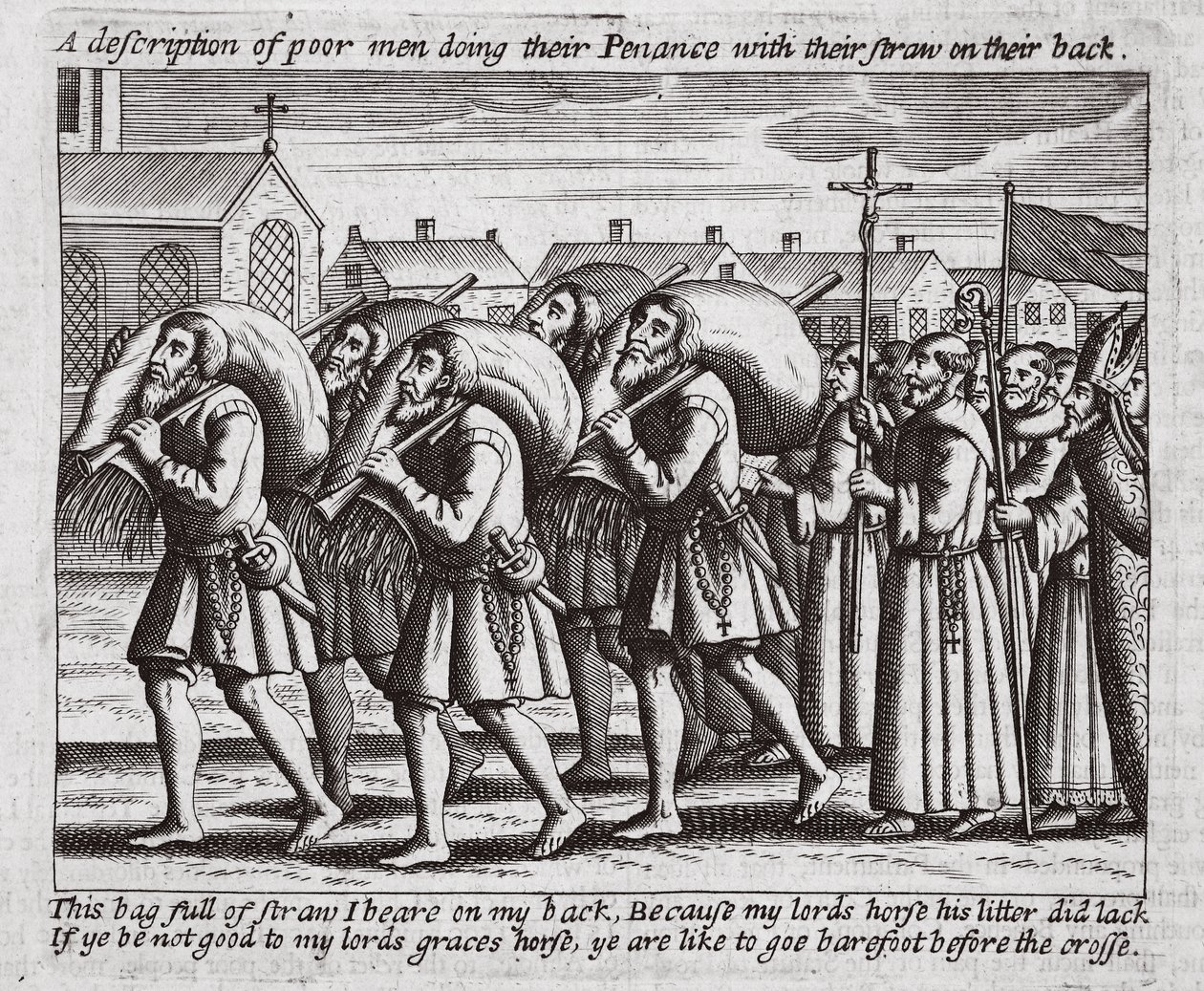 Una descrizione di poveri uomini che fanno penitenza con la paglia sulla schiena, illustrazione da Atti e Monumenti di John Foxe, nona edizione, pub. 1684 da English School