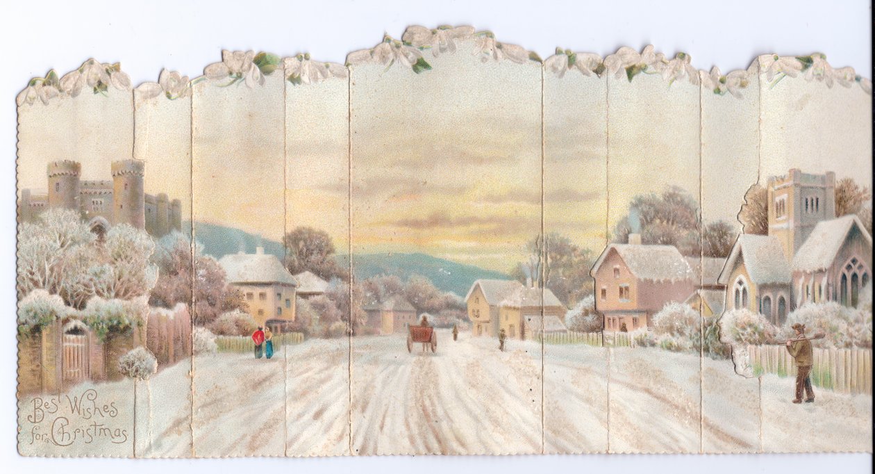 Cartolina di Natale vittoriana pieghevole a fisarmonica di un castello e una chiesa e un uomo che porta una vanga nella neve, c.1880 da English School