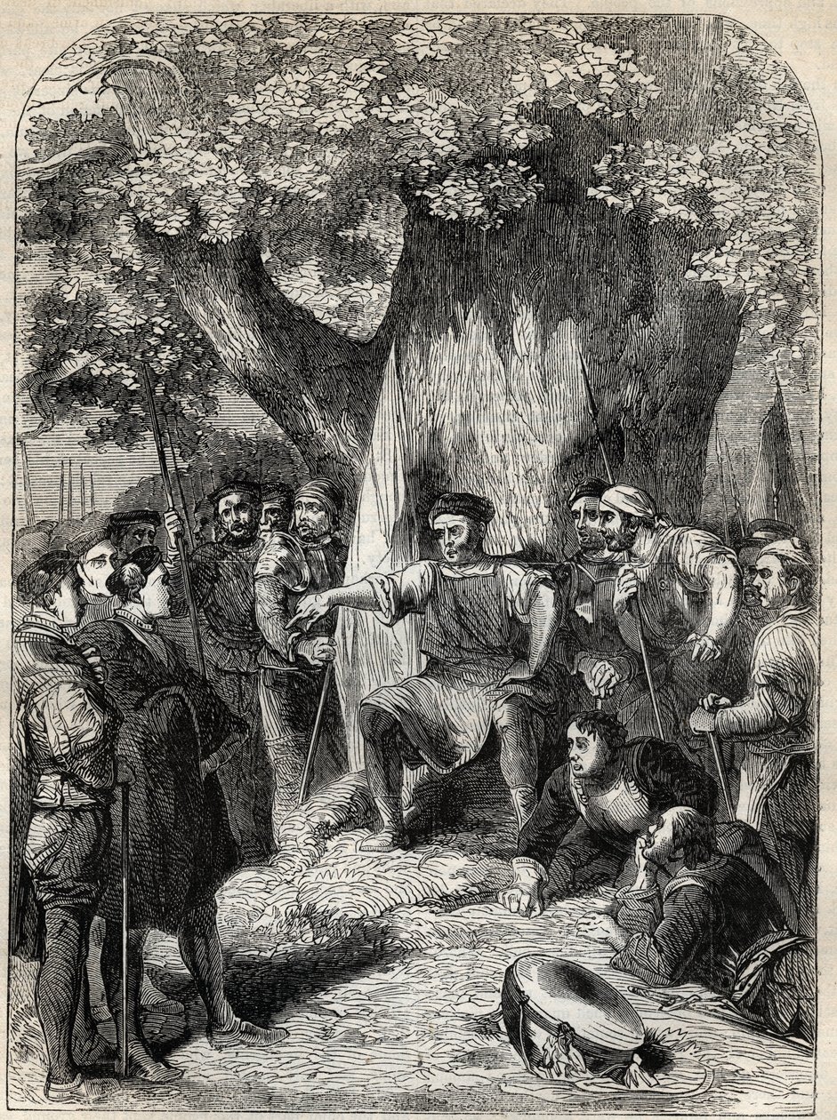 Un gruppo di dissidenti nel Norfolk durante la ribellione di Robert Kett del 1549 - rivolta nel Norfolk, Inghilterra durante il regno di Edoardo VI - Ket il Conciatore (1492-1549) arringa i suoi seguaci sotto la Quercia della riforma - incisione da 