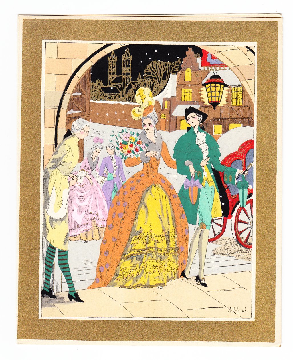 Biglietto di Natale francese Pochoir colorato a mano raffigurante un lacchè che accoglie una coppia di visitatori in abiti Regency, circa 1920 da English School