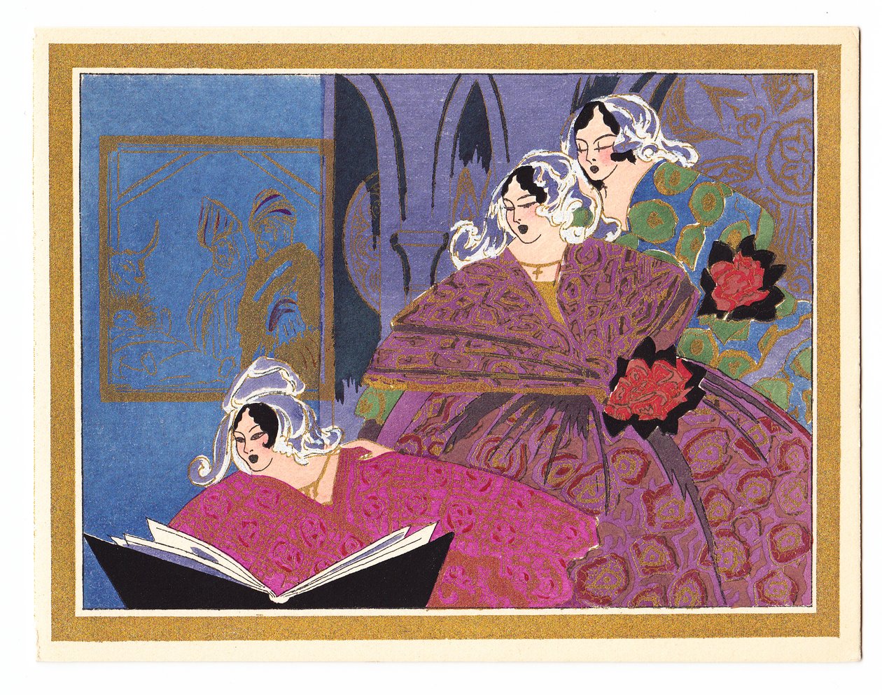 Cartolina di Natale francese colorata a mano raffigurante tre signore che cantano da un libro di canzoni, circa 1920 da English School