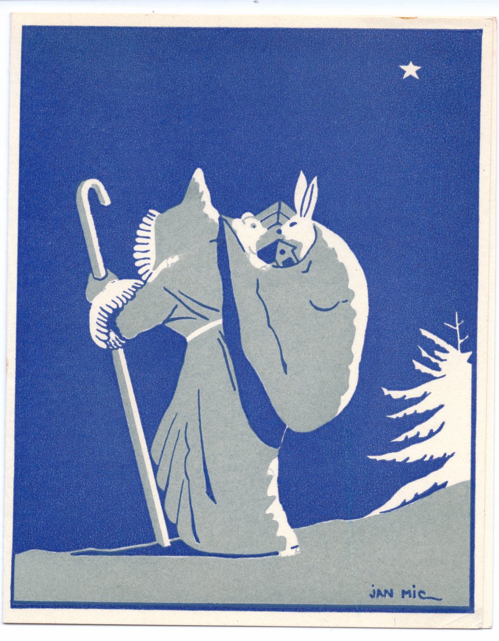 Biglietto di Natale Pochoir francese colorato a mano raffigurante Babbo Natale in silhoutte, che cammina con un bastone e porta un sacco con un coniglio e un orso, 1920 circa (stencil) da English School