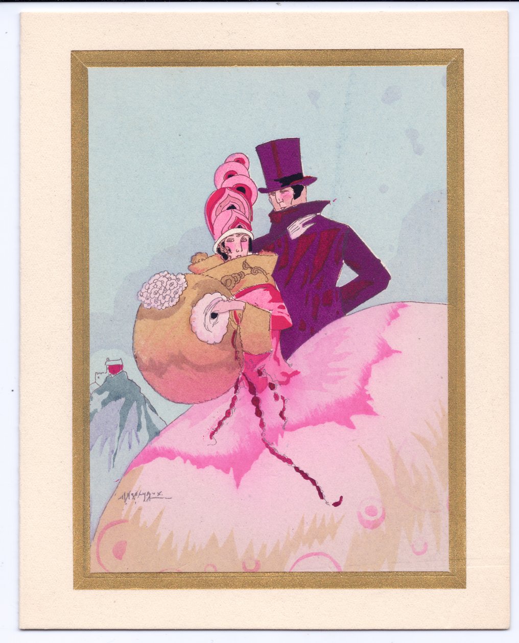Cartolina di Natale francese pochoir colorata a mano di una dama del Regency con un manicotto, accompagnata da un gentiluomo con cilindro, circa 1920 da English School