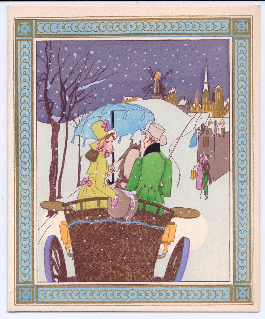 Una cartolina di Natale francese pochoir colorata a mano di una coppia di Rencecy in una carrozza aperta che attraversa la neve, circa 1920 da English School