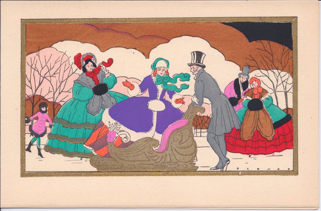 Biglietto di Natale francese pochoir colorato a mano di pattinatori vittoriani con una slitta, circa 1920 da English School