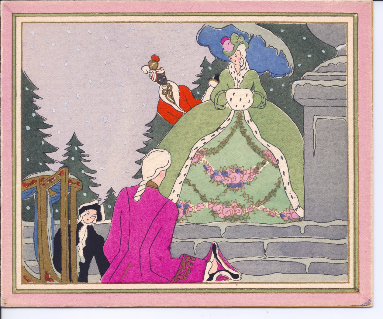 Cartolina di Natale francese pochoir colorata a mano di un uomo con parrucca che scende da una sedia a portantina e viene accolto da una signora in un cappotto foderato di pelliccia di ermellino con il suo servo nero, circa 1920 da English School