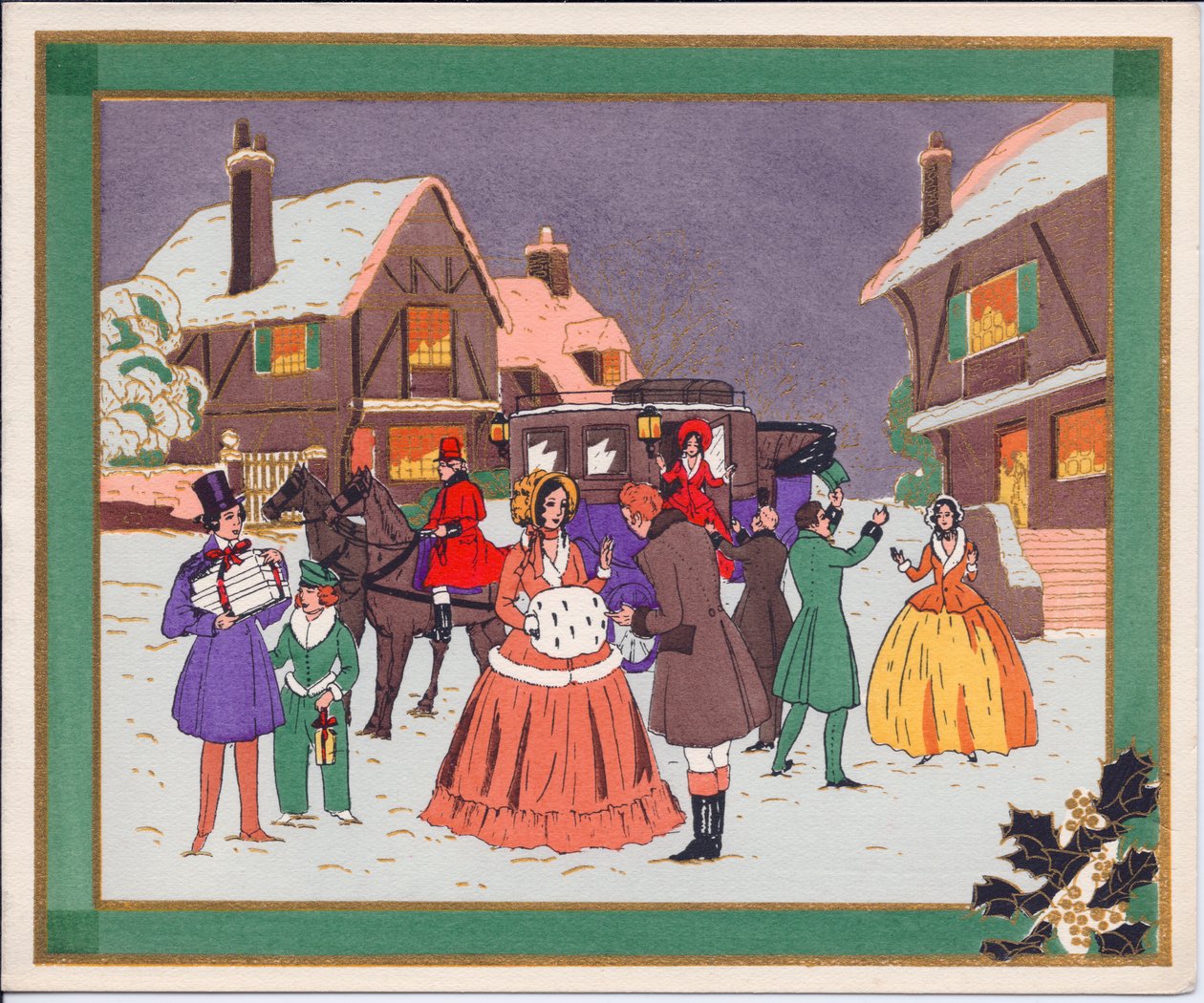 Cartolina di Natale francese pochoir colorata a mano di una scena di villaggio con una carrozza e cavalli, circa 1920 da English School