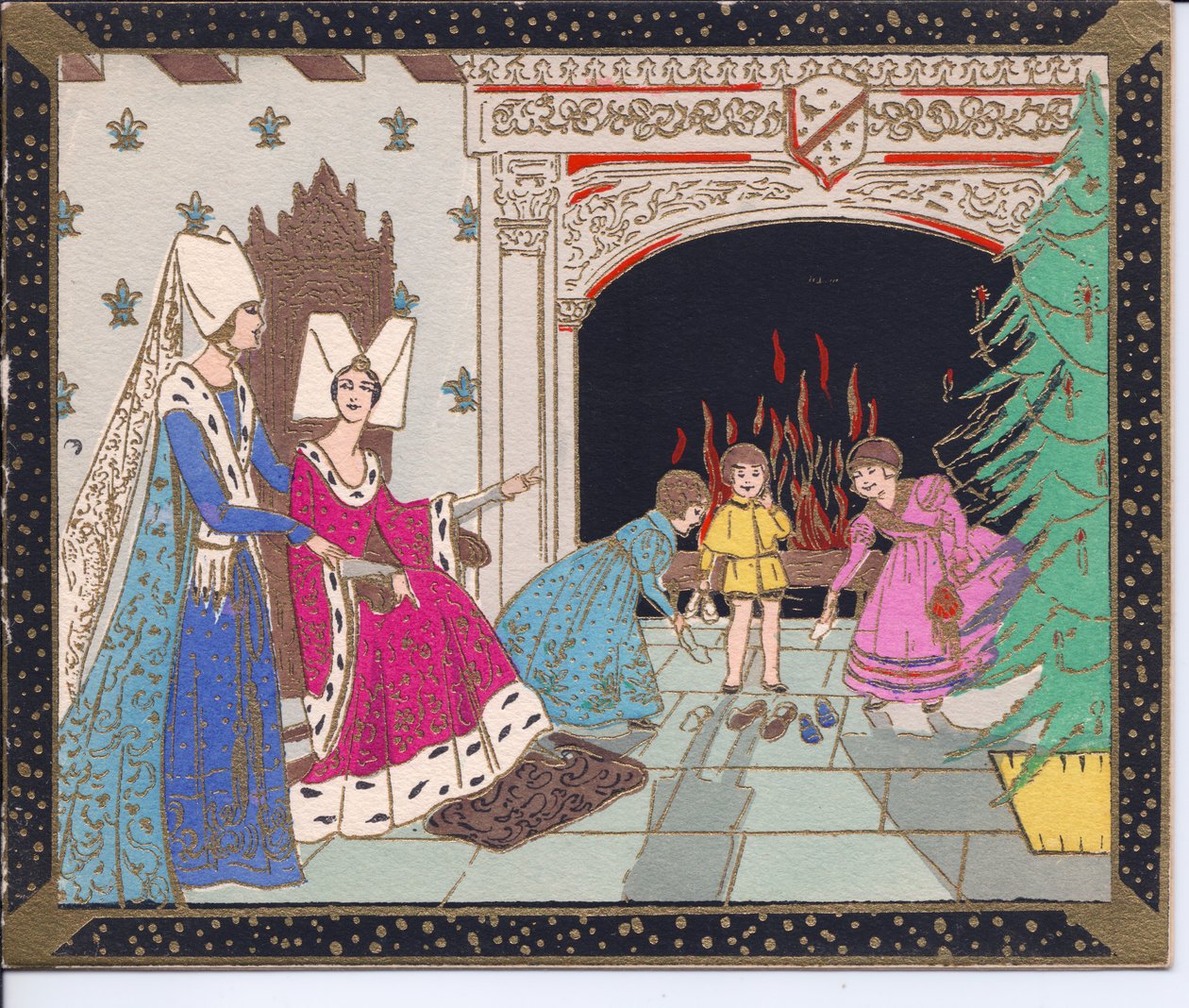 Biglietto di Natale francese pochoir colorato a mano di dame medievali con cappelli a farfalla e bambini davanti a un grande camino che scaldano le scarpe, circa 1920 da English School