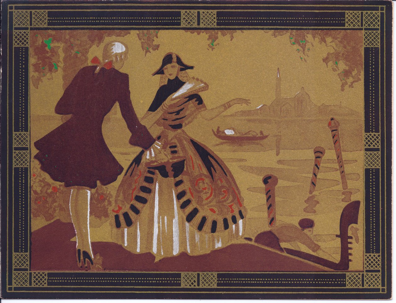 Cartolina di auguri francese pochoir colorata a mano di una scena veneziana, circa 1920 da English School