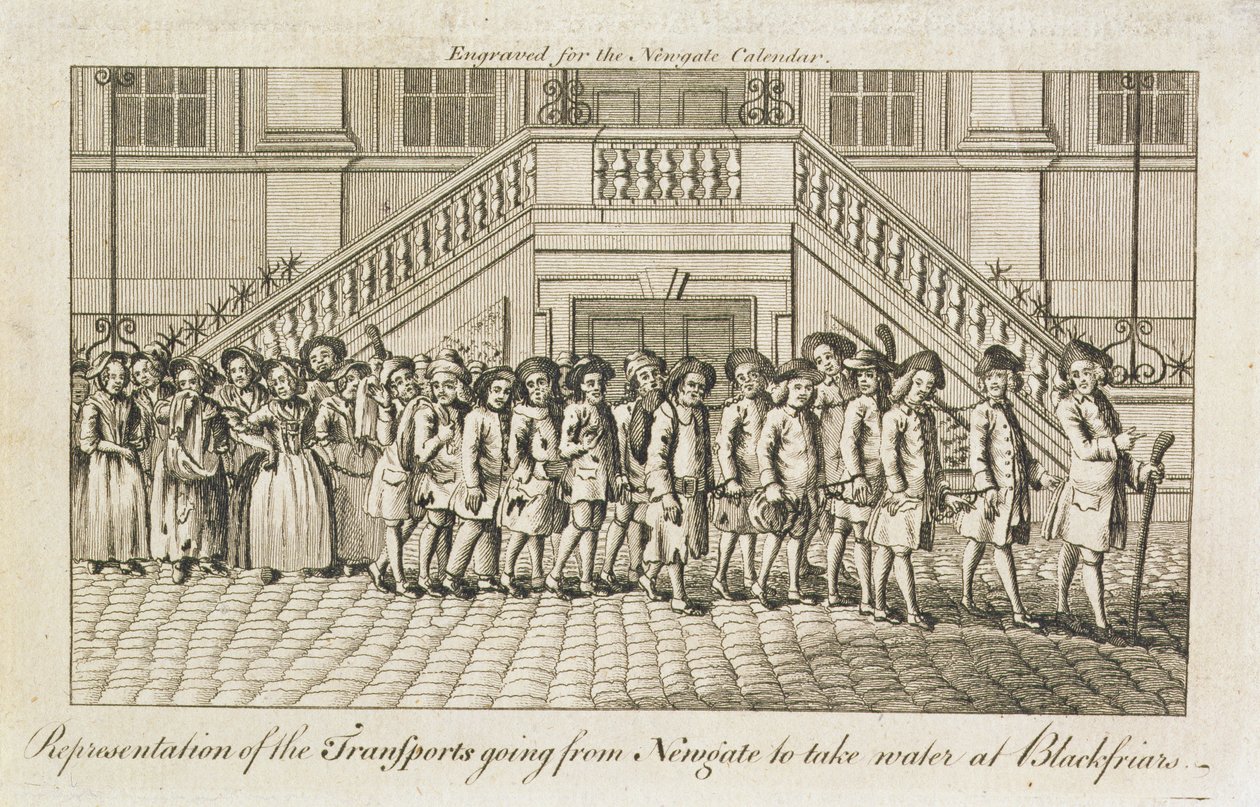 Una fila di detenuti incatenati dalla prigione di Newgate, Old Bailey, portati a Blackfriars per il trasporto, c.1760 da English School