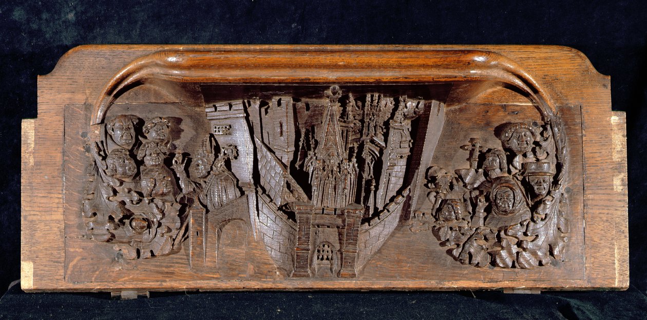 Una misericordia che raffigura una città murata con una porta con saracinesca alzata, Cappella del New College, Oxford, fine XIV secolo da English School