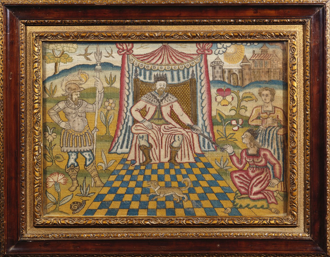 Un quadro ricamato che raffigura il re Assuero seduto sotto un baldacchino, che porge il suo scettro a Ester da English School