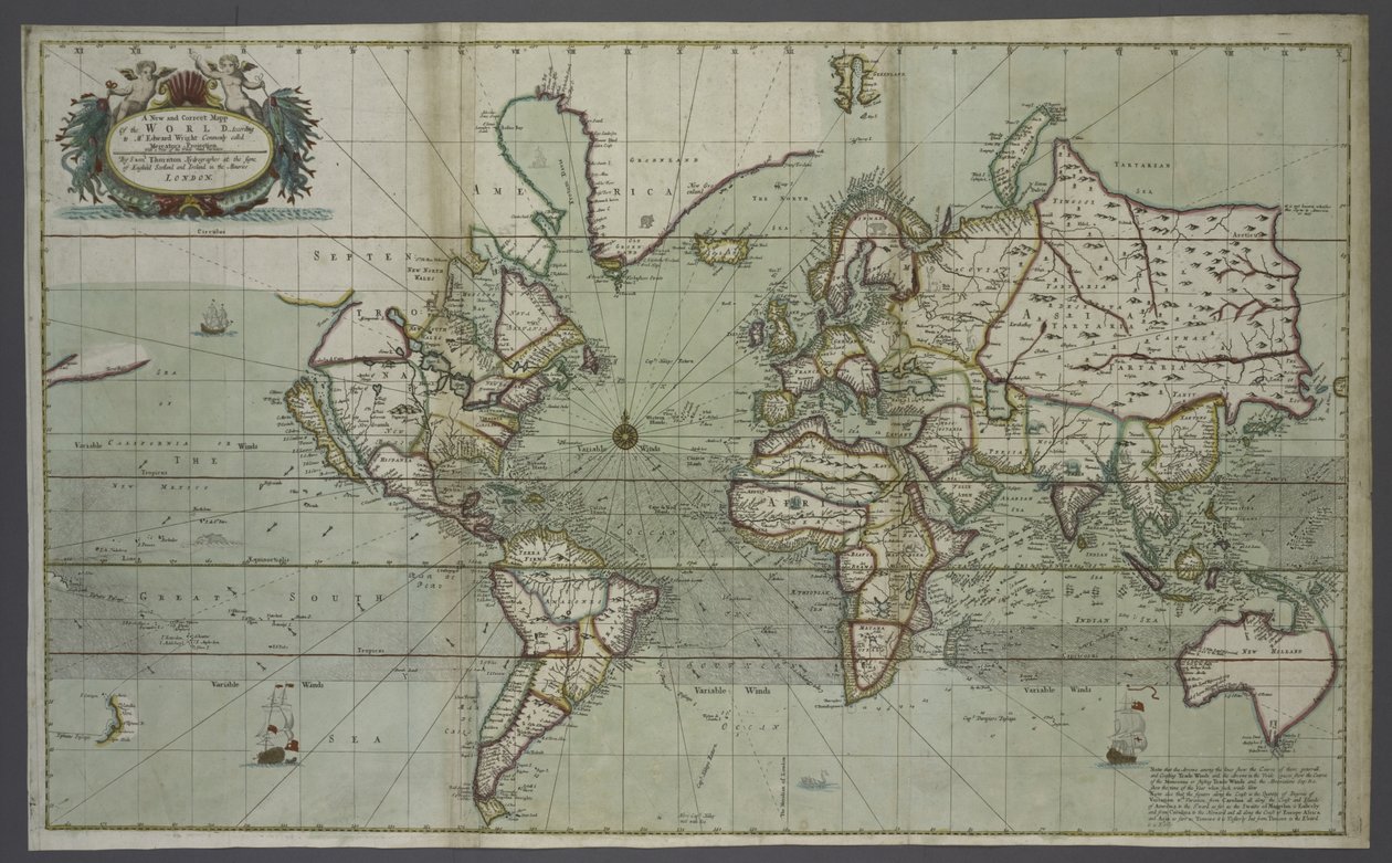 Una nuova e corretta mappa del mondo da un atlante del mare, 1707 (stampa colorata a mano) da English School
