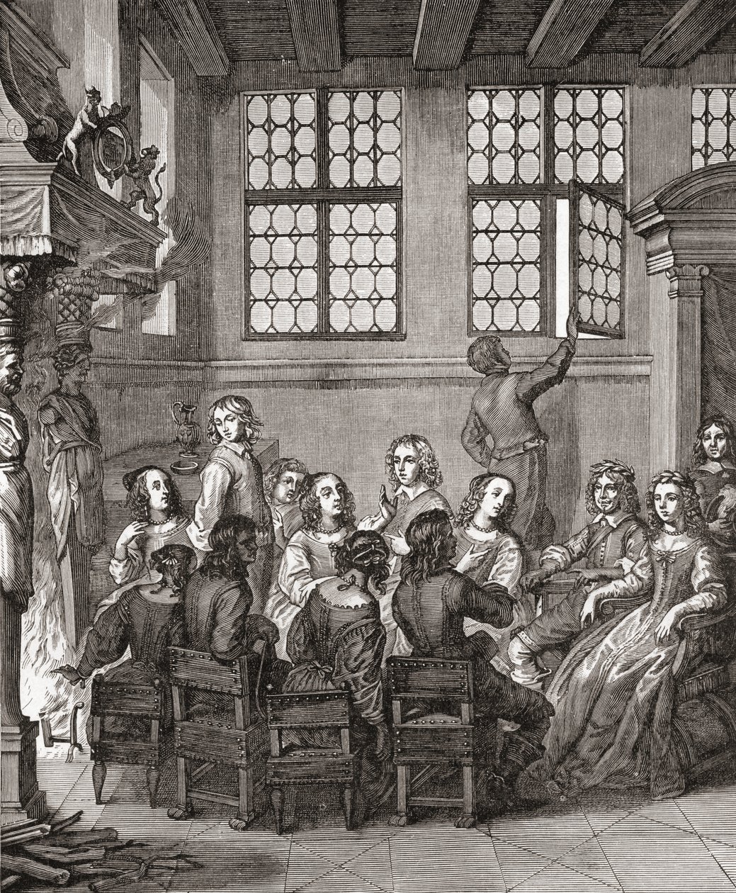 Una festa a casa del Duca di Newcastle, frontespizio di Natures Pictures di Margaret, Duchessa di Newcastle, 1656, da A Short History of the English People di J. R. Green, pubblicato nel 1893 da English School