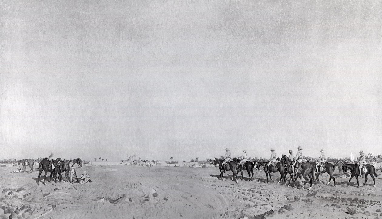 Una pattuglia del 14° Ussari con il Comandante Tenente Colonnello R.W. Hewitt DSO che si avvicina per prendere la resa turca alla resa di Kazimain, 11 marzo 1917, pubblicato c.1918 da English School