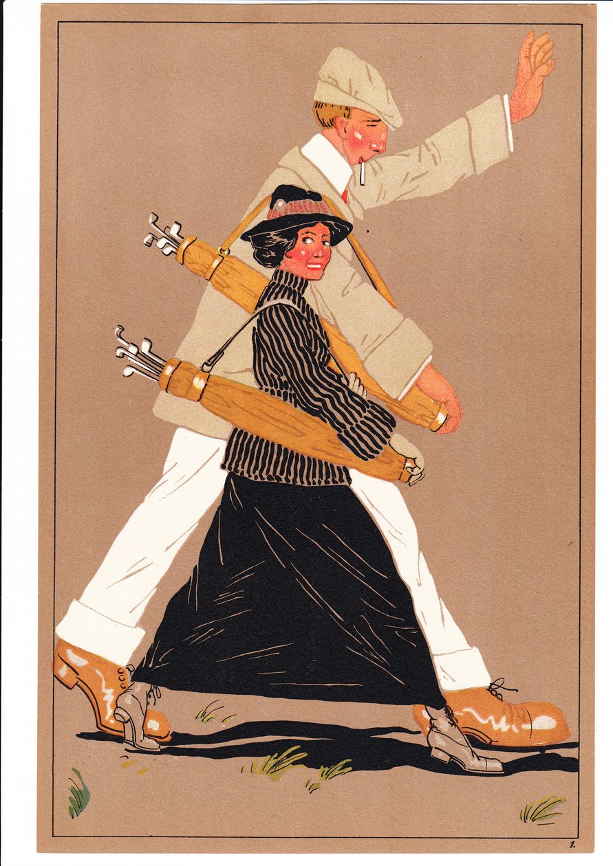 Una stampa di due golfisti in pose comiche e umoristiche, c.1920 da English School