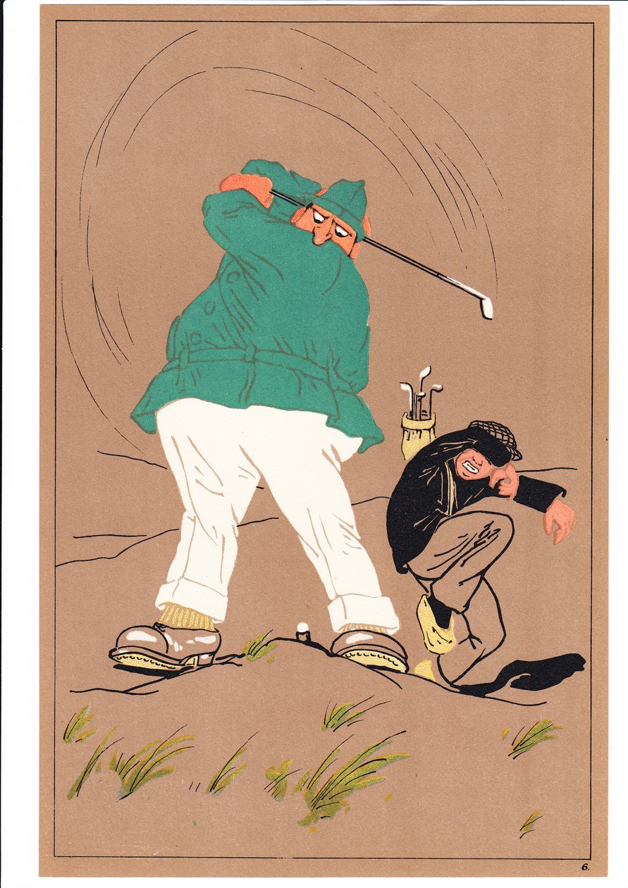 Una stampa di due golfisti in pose comiche e umoristiche, c.1920 da English School