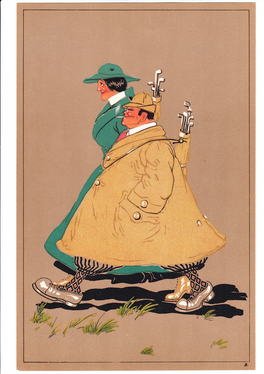 Stampa di due golfisti in pose comiche e umoristiche, c.1920 da English School
