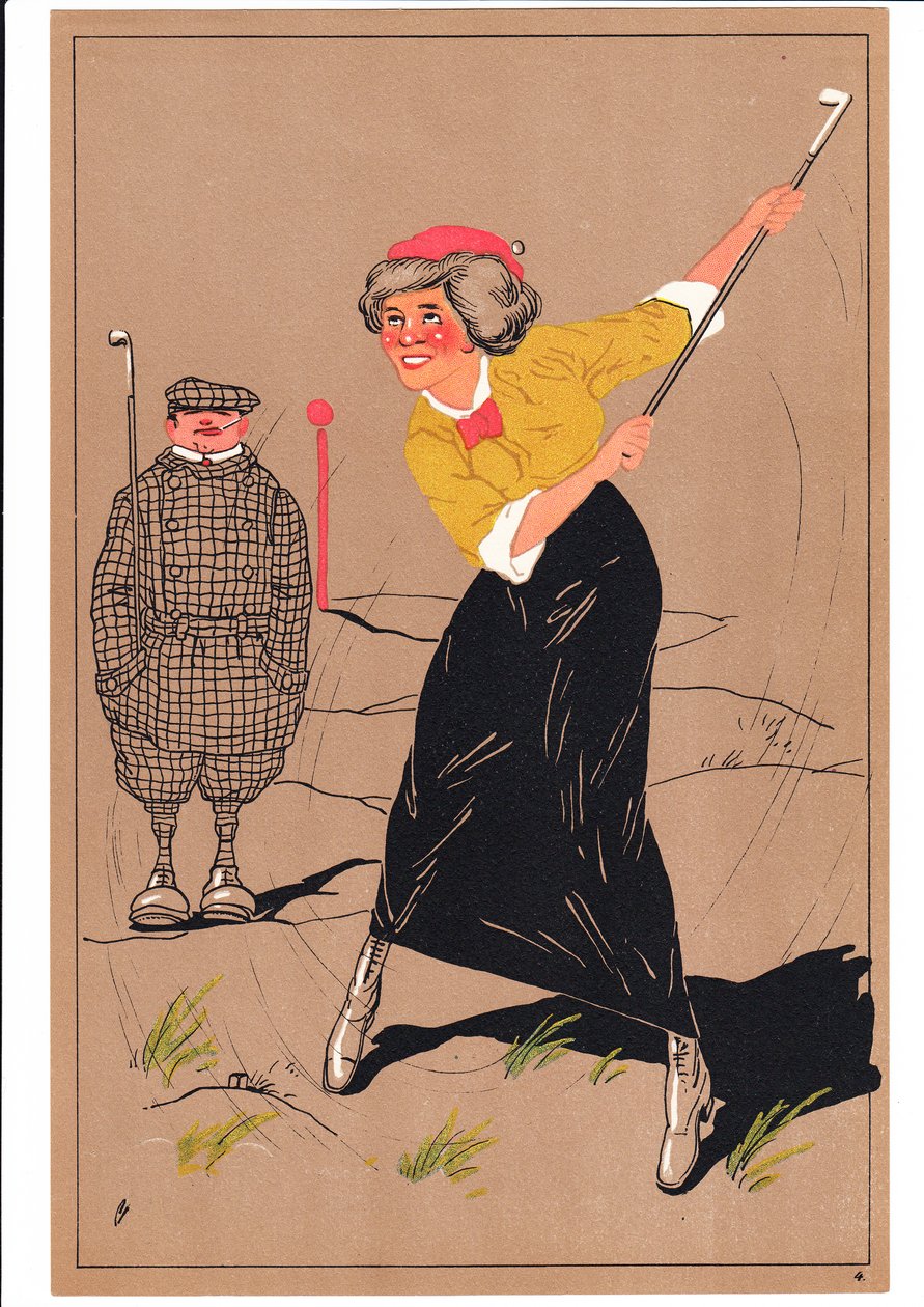 Stampa di due golfisti in pose comiche e umoristiche, c.1920 da English School