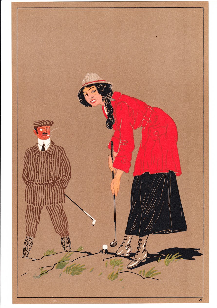 Stampa di due golfisti in pose comiche e umoristiche, c.1920 da English School