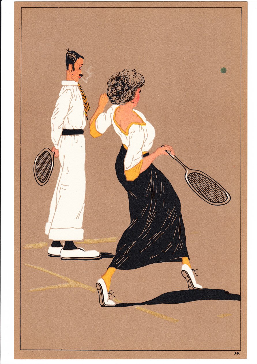 Stampa di due tennisti in atteggiamenti comici e umoristici, 1920 circa (litografia a colori) da English School