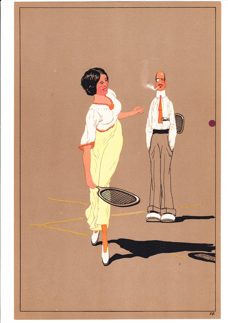 Stampa di due tennisti in pose comiche e umoristiche, c.1920 da English School