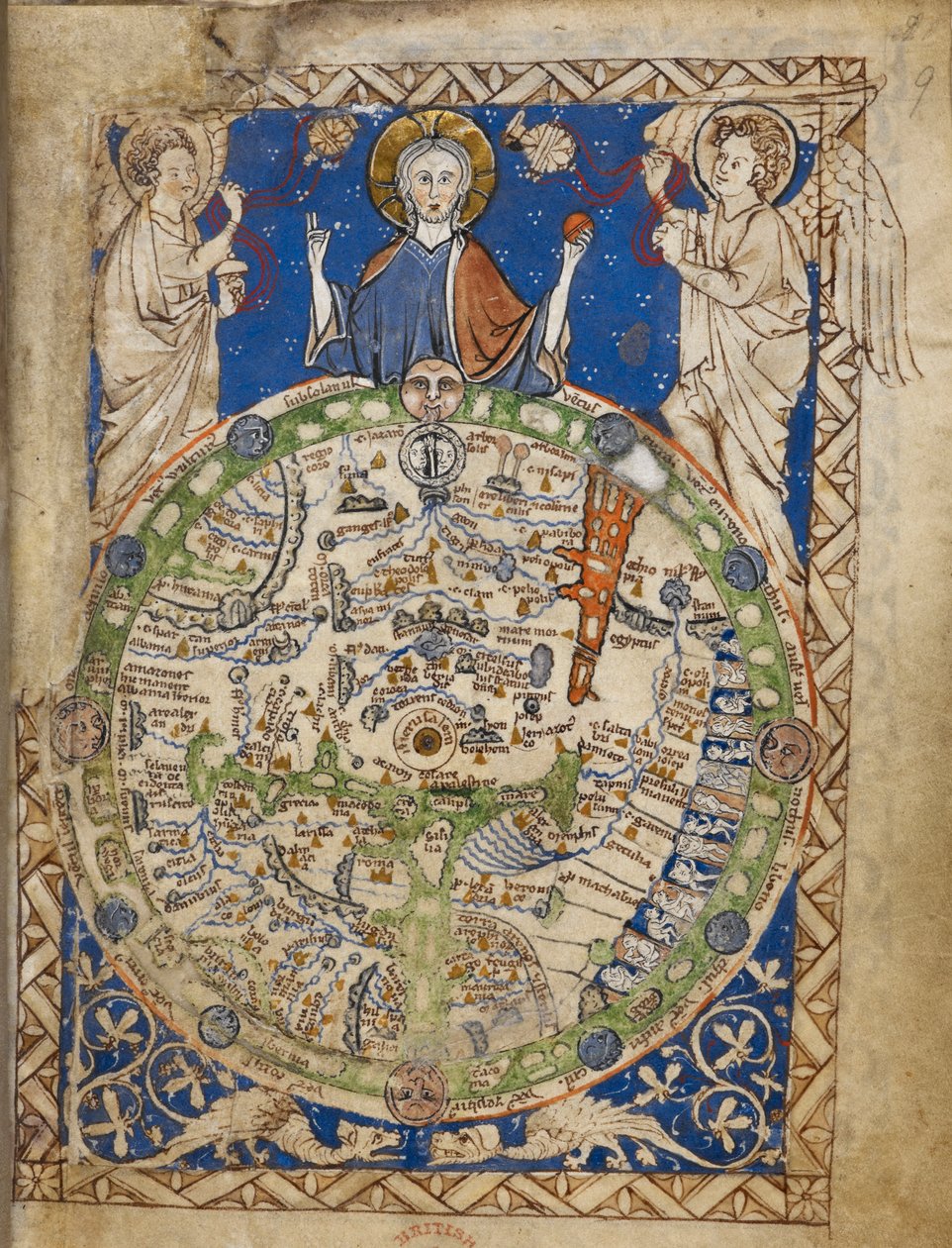 Mappa rotonda del mondo, inserita in una cornice ornamentale quadrata, con Gerusalemme al centro, una zona di venti, figure di abitanti, ecc. da English School