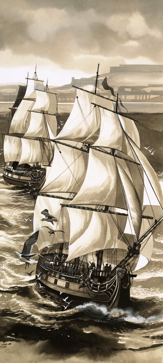Una salve di cannoni accompagnò la partenza di Jean de La Perouse per un viaggio di esplorazione al largo del Pacifico. da English School