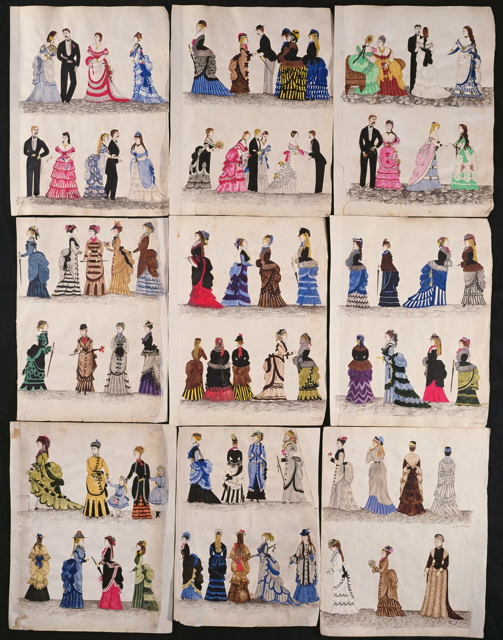 Una selezione di mode vittoriane tra cui abiti da ballo e da passeggio, c.1876 da English School
