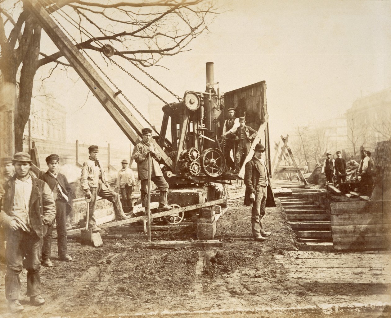 Una gru a vapore in funzione durante la costruzione della Circle Line a Paddington, Londra, c.1890 da English School